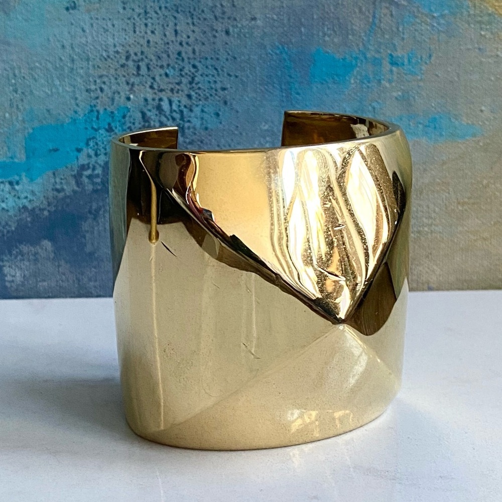 Vintage St. John 24K Gold Plated Wide Cuff Bracelet Architectural Pyramid 1980s